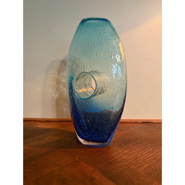 Vintage Handblown Open Center Blue Art Glass Sculptural Vase With Bubbles For Sale - Image 4 of 7