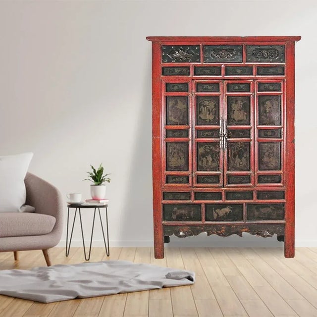 This striking Chinese antique cabinet is retrieved from southern part of Chine. Three drawers on the top of the cabinet is...