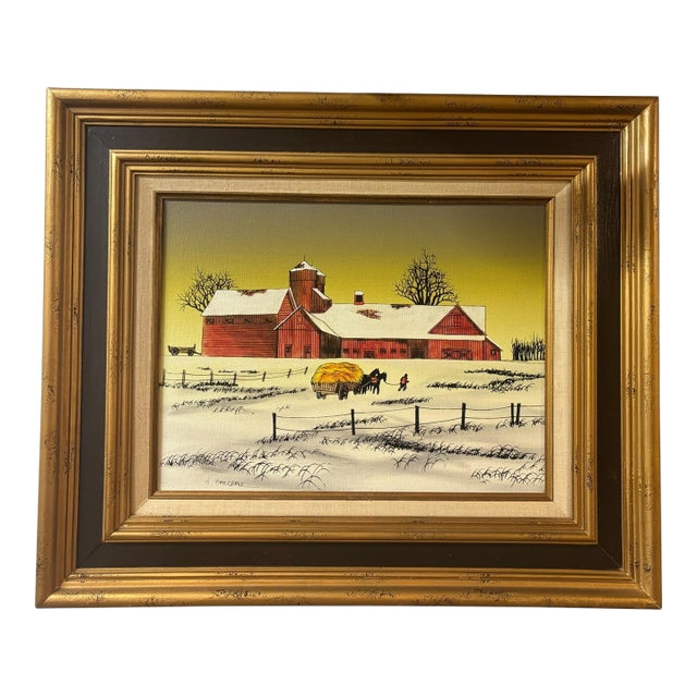 Signed H. Hargrove Winter Farm Landscape Oil Painting With Attached Gallery Light For Sale