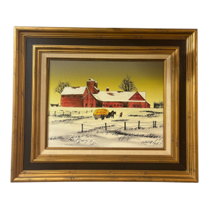 Signed H. Hargrove Winter Farm Landscape Oil Painting With Attached Gallery Light