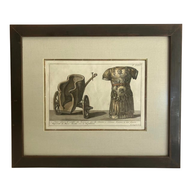 Late 18th Century Hand Colored Etching of Roman Etruscan Chariot & Armor, Copper Frame. For Sale