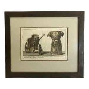 Late 18th Century Hand Colored Etching of Roman Etruscan Chariot & Armor, Copper Frame.