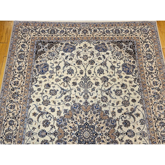 Vintage Exceptionally Fine Persian Nain Habibian Area Rug, Hand-Knotted Wool & Silk, Floral Pattern, 7x10, Ivory & Blue For Sale - Image 9 of 16