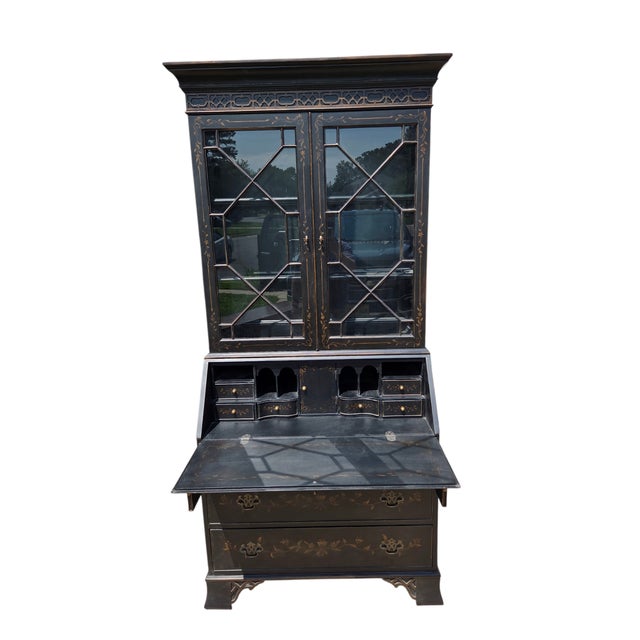 Black 1990s Ethan Allen Newport Liliana Secretary Writing Desk Hutch Display Chinoiserie For Sale - Image 8 of 15