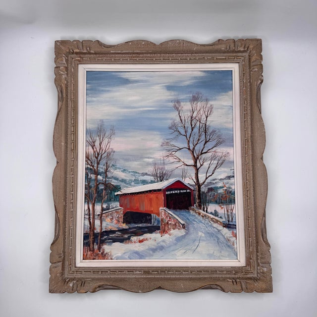 Clarence I. Dreisbach Covered Bridge Winter Oil Painting 26x22 For Sale - Image 9 of 12