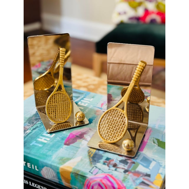 Mid 20th Century Vintage Chrome and Brass Tennis Racket and Tennis Ball Bookends- A Pair For Sale - Image 5 of 6