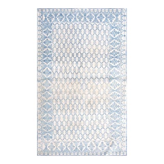 1920s White Blue Diamond Antique Indian Agra Cotton Rug 4' X 6' Handknotted Carpet For Sale