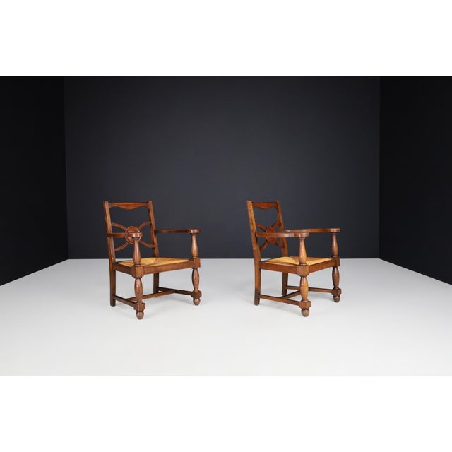 French Art Deco Armchairs in Oak and Rush, 1930s, Set of 2 For Sale - Image 3 of 14
