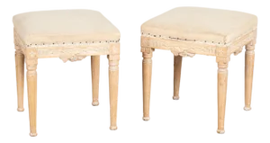 Pair Early 20th Century Swedish Pine Taboret Stools With Egg and Dart Carving