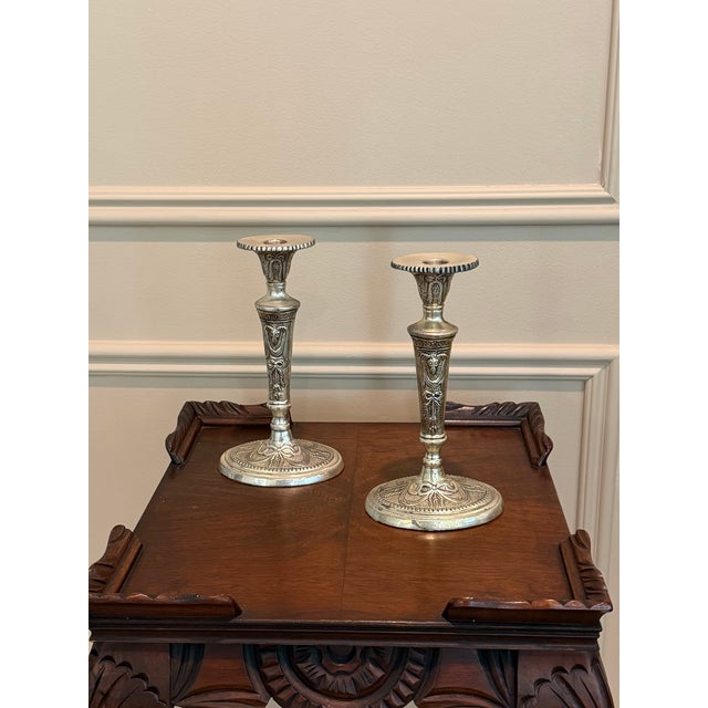 Neoclassical Pair of Vintage Neoclassical Silverplate Candlesticks With Ram’s Head Motifs For Sale - Image 3 of 6