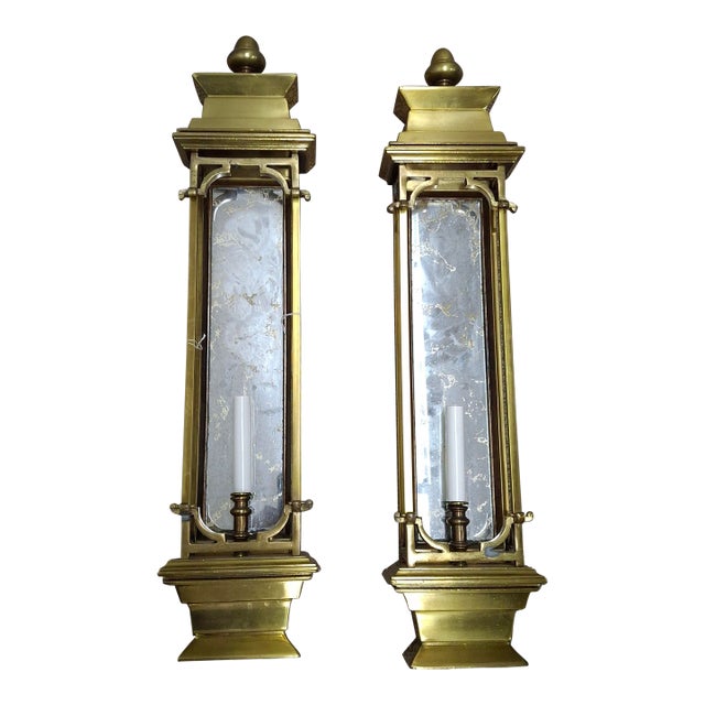 Mid 20th Century French Bronze and Gilt Mirror Pagoda Form Half Lentern Wall Sconces - a Pair For Sale