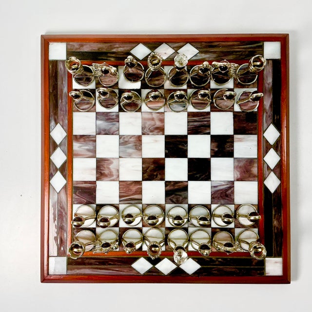 Wood 1950s Vintage Frank Lloyd Wright Arts & Crafts Boho Chic Stained Glass Chess Set - Set of 33, Atrributed For Sale - Image 7 of 18
