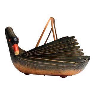 Mid 20th Century Colorful Rattan Goose-Shaped Basket For Sale