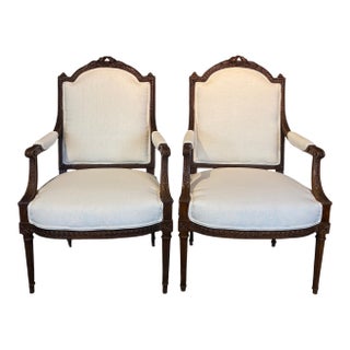 Carved Walnut Antique French Armchairs or Fauteuils - A Pair For Sale