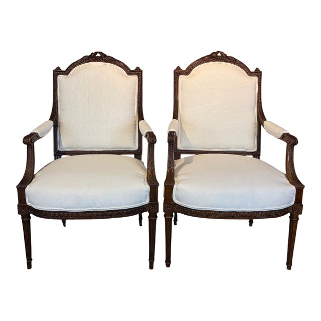 Carved Walnut Antique French Armchairs or Fauteuils - A Pair For Sale
