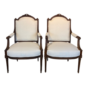 Carved Walnut Antique French Armchairs or Fauteuils - A Pair