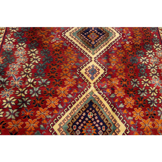 1950s Vintage Handmade Shiraz Wool Scatter Rug in Red With Allover Floral Design For Sale - Image 5 of 8