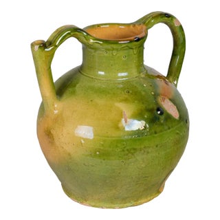 19th Century French Green Yellow Glazed Water Jug, Orjol For Sale