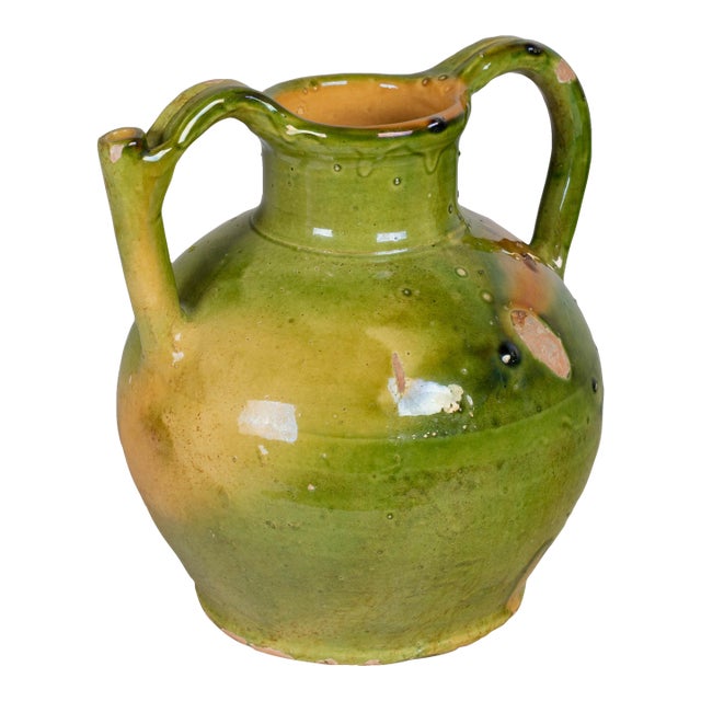 19th Century French Green Yellow Glazed Water Jug, Orjol For Sale