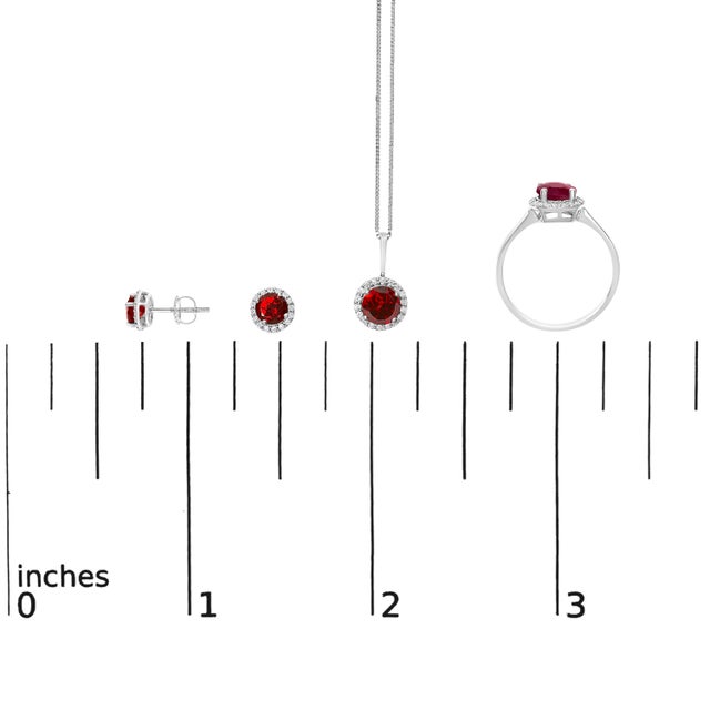 10K White Gold Red Garnet and 3/8 Cttw Diamond Halo Jewelry Set (Earrings, Pendant & Ring) For Sale In New York - Image 6 of 6