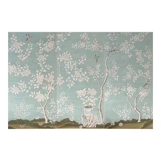 Hand-Painted Chinoiserie Wallpaper Panels – Elegant Botanical Bird Mural, Soft Green Luxury Wall Art, 3 Panels 36x72” For Sale