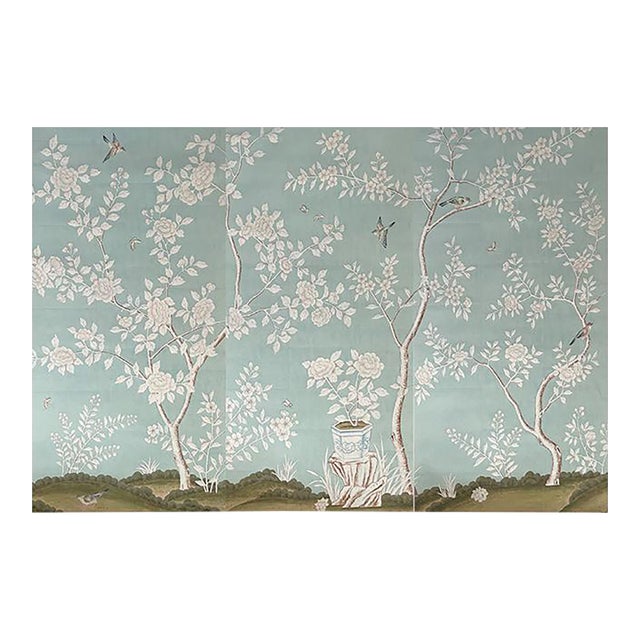 Hand-Painted Chinoiserie Wallpaper Panels – Elegant Botanical Bird Mural, Soft Green Luxury Wall Art, 3 Panels 36x72” For Sale