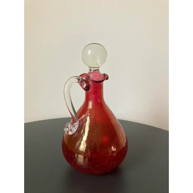 Victorian Cranberry Crackled Glass Decanter With Round Stopper For Sale In New York - Image 6 of 12