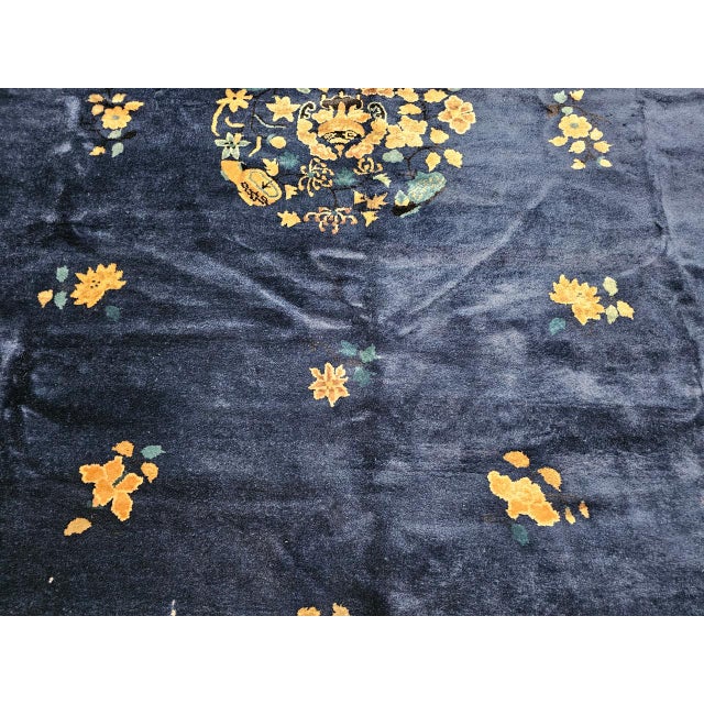 Vintage Room Size Chinese Art Deco Rug, Hand-Knotted Navy Blue, Taupe, 9' x 12' For Sale - Image 17 of 18