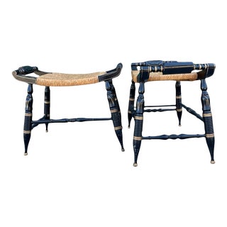 1970s Pair of Vintage Hitchcock Style Black Bench With Gold Toile Details and Rush Bench For Sale