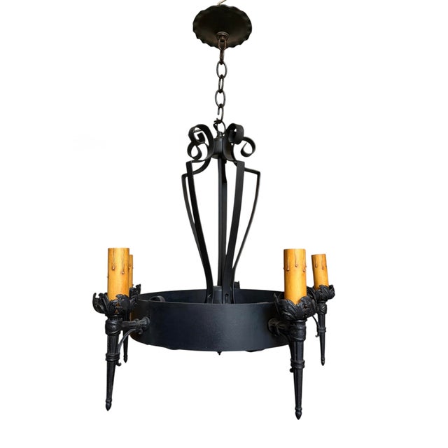 Black Antique Wrought Iron Chandelier With Botanical Torches For Sale - Image 8 of 9
