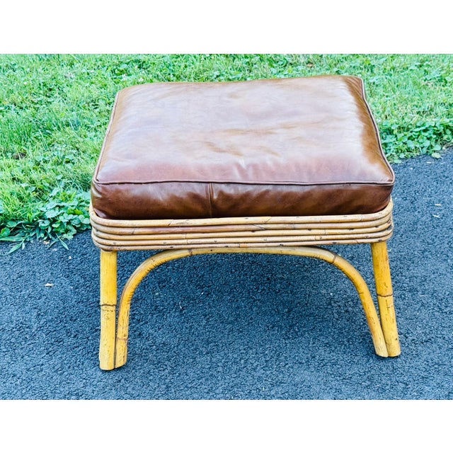 Vintage 1950s Square Oak Wood Footstool With Vinyl Cushion Add a touch of mid-century style to your home with this...