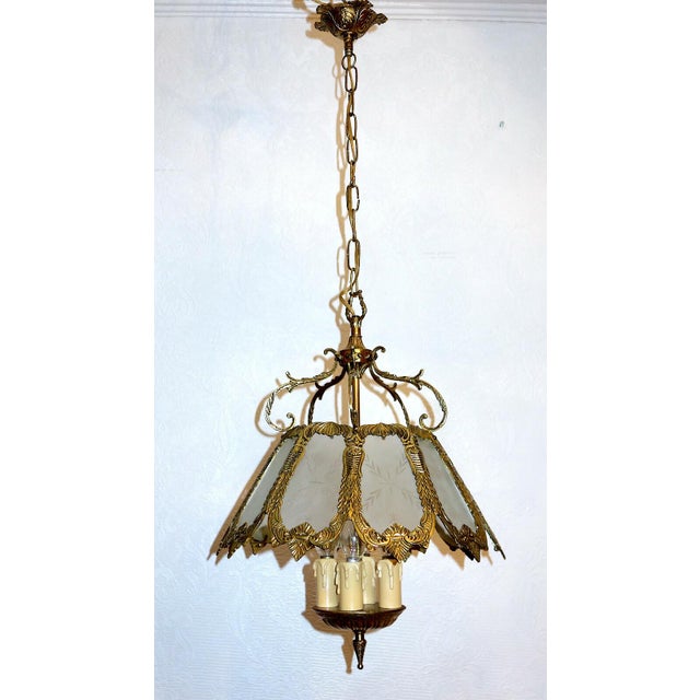 Antique French Brass and Glass Chandelier from Unbekannt, 1930s For Sale - Image 3 of 10