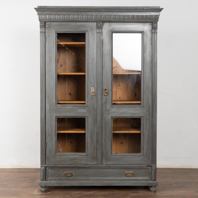 Farmhouse Late 19th Century Gray Pine Bookcase Display Cabinet With Glass Doors For Sale - Image 3 of 9