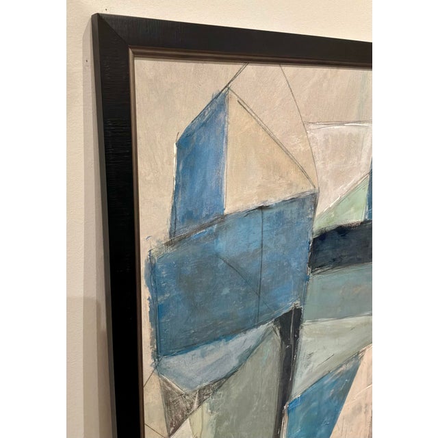 Timeless Mod-Century Modern Abstract Blue and Cream Painting, black and silver wood frame, signed by Moore, 2021