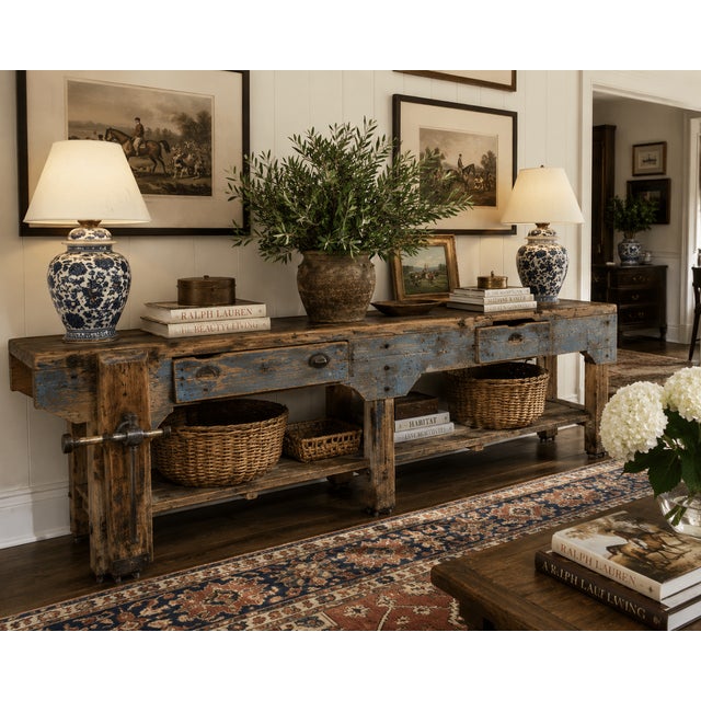 Antique 19th-Century Primitive Blue-Painted Carpenter's Workbench / Console Table For Sale - Image 13 of 13