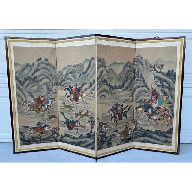 Korean Joseon Period Four-Panel Folding Screen With Tiger Hunt and Calligraphy, For Sale - Image 4 of 18