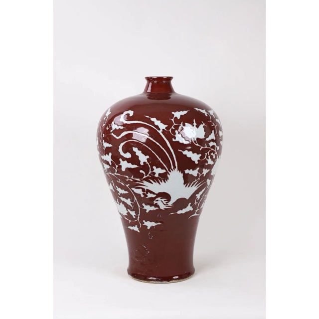 Chinese Early 20th-Century Chinese Red-Glazed Vase With Carved White Phoenix and Floral Motifs. For Sale - Image 3 of 13