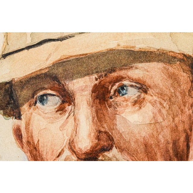 Framed Mid-Century Figurative Vintage Artwork Watercolor Painting Portrait of a Man Mustache Hat For Sale In New York - Image 6 of 12