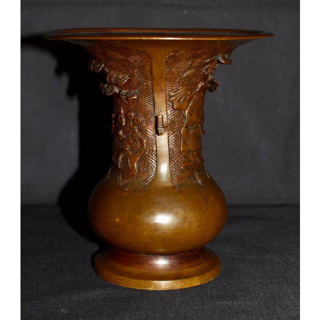 Antique Japanese Bronze Vase With Figural and Landsape Motif For Sale - Image 4 of 14