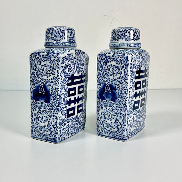 Ceramic Mid-Century Boho Chic Chinoiserie Hollywood Regency Blue & White Square Happiness Ginger Jars - A Pair For Sale - Image 7 of 15