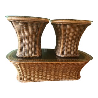 Set Three 1970's Coastal Braided Wicker Coffee Table & 2 Sides Tables With Glass Top For Sale