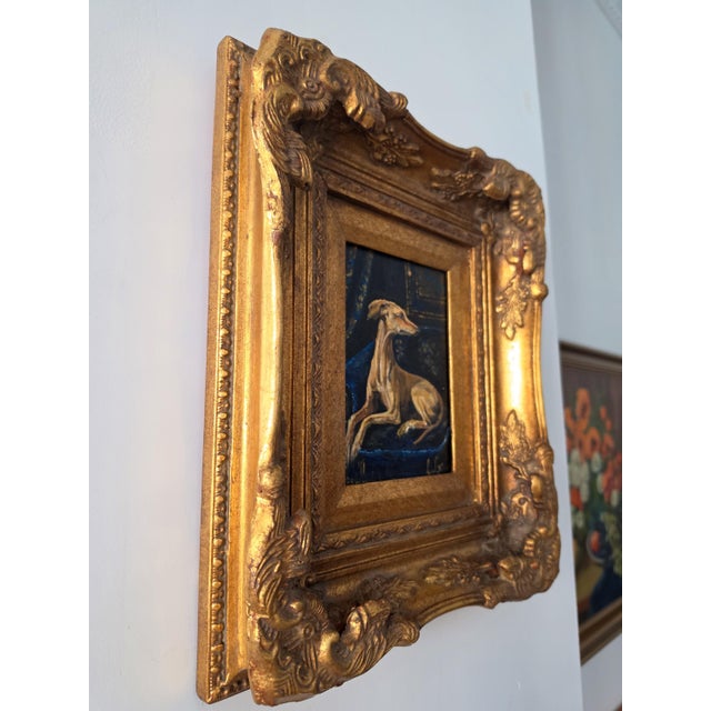 Gold Late 20th Century Original Greyhound Oil Painting, Hand Painted Whippet Portrait, Vintage Gilded Frame, Dog Lover Wall Art, One of a Kind Artwork For Sale - Image 8 of 14