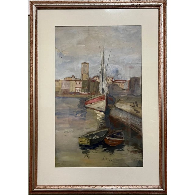 Adolf Feder, Adolf Feder Jewish Ecole De Paris Watercolor Pastel Painting Boat, Harbor Scene, c.1930's-1940's For Sale - Image 4 of 8