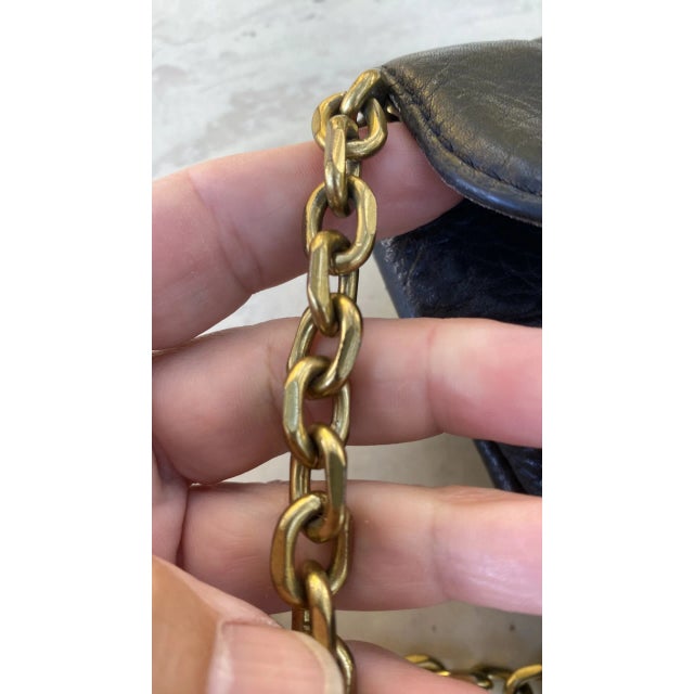 Pebbled Black Leather & Brass Chain Purse For Sale - Image 4 of 11
