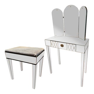 Art Deco Small Mirrored Vanity and Stool - 2 Piece Set For Sale