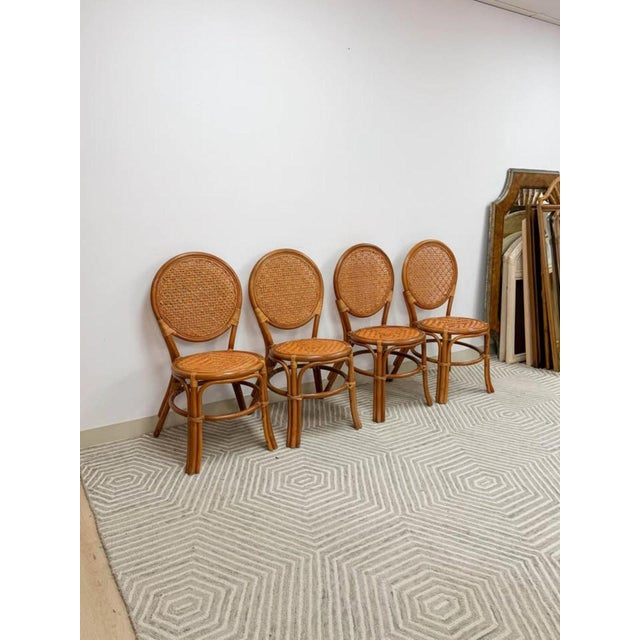 Late 20th Century Cane Rattan Round Dining Chair Set Four Cushion Coastal Hollywood Regency For Sale In Tampa - Image 6 of 10