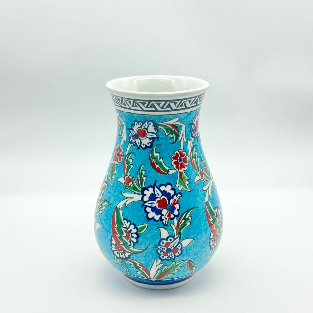 Turquoise Handmade Ceramic Pear Vase (20cm) – Vibrant Aegean Turquoise – Geometric Meander Rim & Red Florals For Sale - Image 8 of 10