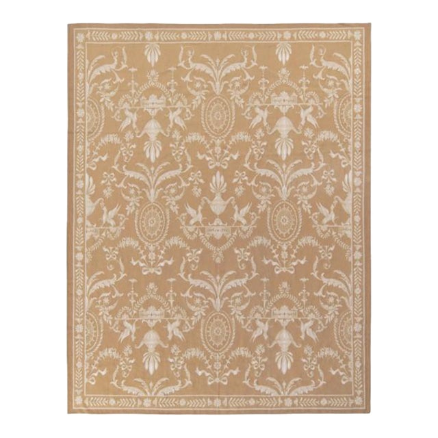 Rug & Kilim’s Aubusson Style Flat Weave in Beige-Brown, White Floral Pattern For Sale