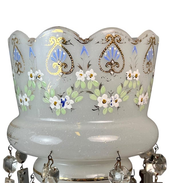 Antique Pair Victorian Enamel Painted Decorated Art Glass Lusters Prisms For Sale - Image 4 of 8