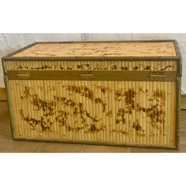 Mid-Century Campaign Style Scorched Split Reed Bamboo Trunk, Coffee Table With Brass Handles and Closure in the manner of...
